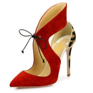 FSJ Red Lace Up Heels Leopard Suede Pumps